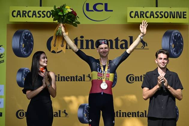 Belgian Tim Wellens of UAE Team Emirates and pictured on the podium after winning the stage 15 of the 2025 Tour de France cycling race, from Muret to Carcasonne (169 km), on Sunday 20 July 2025 in France. The 112th edition of the Tour de France starts on Saturday 5 July in Lille, France, and will finish in Paris, France on the 27th of July. DIRKxWAEM  x129659324x