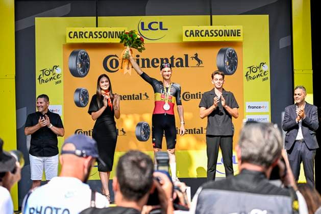 Tour de France 2025 Stage 15 CARCASSONNE, FRANCE - JULY 20 : Wellens Tim (BEL) of UAE Team Emirates - XRG on the podium during stage 15 of the 112th edition of Tour de France an UCI World Tour 2.UWT cycling road race stage for Men Elite of 169 km with start in Muret and finish in Carcassonne on July 20, 2025 in Carcassonne, France, 20 07 2025 ( Motordriver Kenny Verfaillie - Carcassonne France  Copyright: xJanxDexMeuleneirx