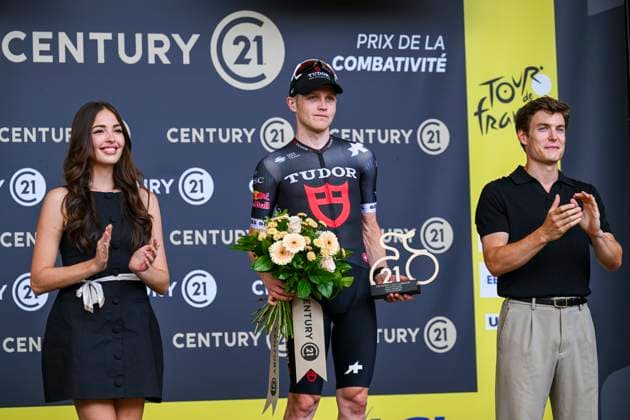 Tour de France 2025 Stage 15 CARCASSONNE, FRANCE - JULY 20 : Storer Michael (AUS) of Tudor Pro Cycling Team on the podium during stage 15 of the 112th edition of Tour de France an UCI World Tour 2.UWT cycling road race stage for Men Elite of 169 km with start in Muret and finish in Carcassonne on July 20, 2025 in Carcassonne, France, 20 07 2025 ( Motordriver Kenny Verfaillie - Carcassonne France  Copyright: xVincentxKalutx