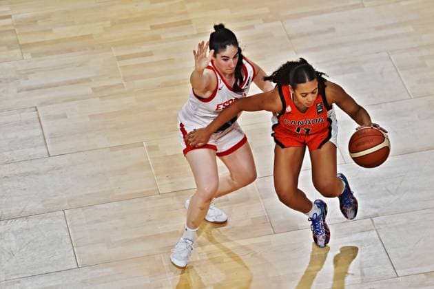L-R Ada Toribio (SPA) and Jasmine Bascoe (CAN) in action during Spain vs Canada, match for 3rd place of the Women s Under-19 Basketball World Championship, WM, Weltmeisterschaft at the Starez Arena Vodova, in Brno, Czech Republic, on July 20, 2025. (CTKxPhoto PatrikxUhlir) CTKPhotoP2025072004457  CTKPhotoP2025072004457