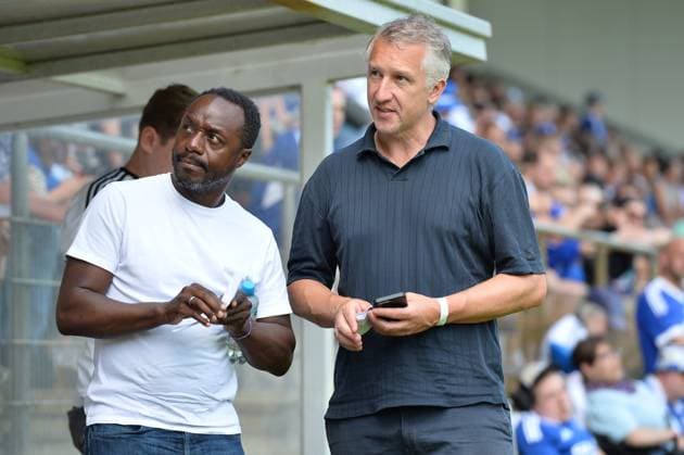 Soccer mens test match season 2025 2026 Rot Weiss Ahlen Schalke 04 on 20 07 2025 at the Wersestadion in Ahlen Ben Manga Director of Squad Planning, Scouting and Knappenschmiede Schalke 04 , left Frank Baumann Board Schalke 04 , right North Rhine-Westphalia Germany
