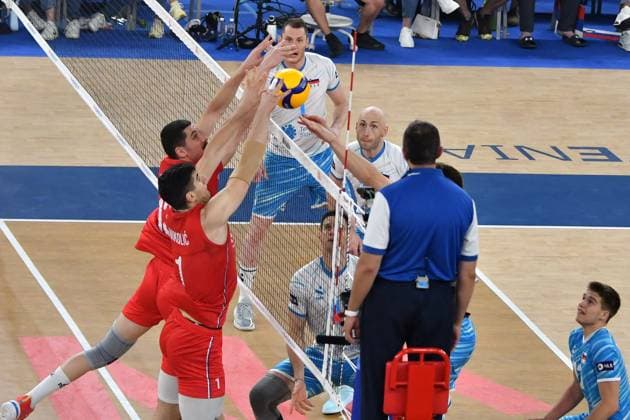 Ljubljana, Slovenia, 20th July 2024: Dusan Nikolic of Serbia in action during the IVNL Volleyball Nations League, Week 3 match, between Serbia and Slovenia at Arena Stozice, Ljubljana, Slovenia. (Natasa Kupljenik SPP) Copyright: xNatasaxKupljenikx xSPPx SPP_1025943