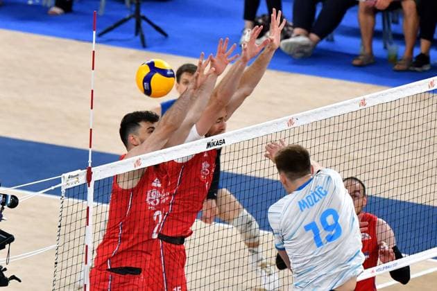 Ljubljana, Slovenia, 20th July 2024: Rok Mozic of Slovenia in action against Vuk Todorovic of Serbia during the IVNL Volleyball Nations League, Week 3 match, between Serbia and Slovenia at Arena Stozice, Ljubljana, Slovenia. (Natasa Kupljenik SPP) Copyright: xNatasaxKupljenikx xSPPx SPP_1025949