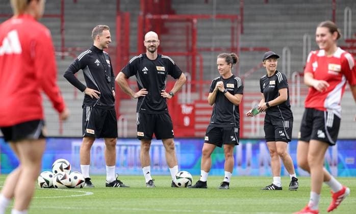 Co-coach Simon Falke, athletics coach Marcus Liebig, co-coach Sabrina Eckhoff, coach Ailien Poese Sport Football Soccer Womens Bundesliga Season 2025 2026 21 07 2025 Training kick-off 1 FC Union Berlin DFL regulations prohibit any use of photographs as image sequences and or quasi video