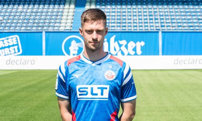 Jonas Dirkner, FC Hansa Rostock, 3 Liga, soccer, portrait appointment 2025 2026 Jonas Dirkner FC Hansa Rostock at the portrait photo session in the Ostseestadion Rostock Ostseestadion Mecklenburg Vorpommern Germany