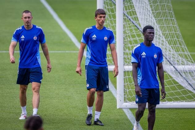 SLOVAN BRATISLAVA - ZRINJSKI MOSTAR Filip Lichy, Eduard Kozyk of Slovan during team training ahead of second qualifying round of UEFA Champions League football match between SK Slovan Bratislava and HSK Zrinjski Mostar. Bratislava, Slovakia, July 21, 2025. Copyright: xx 080A4376