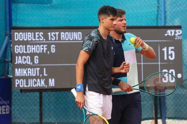 Umag, Croatia, 210725. 35th Plava Laguna Croatia Open Umag. Round of 16 doubles match, Luka Mikrut and Mili Poljicak - George Goldhoff and Gregorie Jacq. Photo: Goran Sebelic CROPIX Copyright: xxGoranxSebelicx mirkut_poljicak03-210725