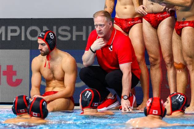 headcoach Pat Oaten of Canada, Leo Hachem of Canada, Roko Pozaric of Canada Brazil v Canada, Water polo, Wasserball Singapore 2025 World Aquatics Championships, OCBC Aquatic Centre, July 22, 2025, Singapore, Singapore.