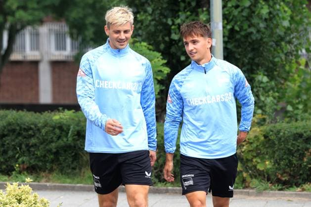 DEU, DFL, 2 FBL Hertha BSC, Training, 22 07 2025, Sportforum, Berlin, DEU, DFL, 2 FBL Hertha BSC, Training, im Bild Dawid Kownacki Hertha BSC Berlin 9 , Michal Karbownik Hertha BSC Berlin 33 DFL regulations prohibit any use of Photographs as image sequences and or quasi video nordphotoxGmbHx xEngler nph00076