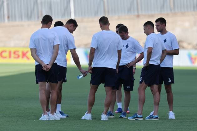 Dynamo Kyiv players inspect the pitch of play prior to the UEFA Champions League Second qualifying round, 1st leg soccer match between Hamrun Spartans FC and FC Dynamo Kyiv at the Tony Bezzina Stadium, in Paola, Malta, on 22 July 2025. UEFA Champions League - Hamrun Spartans FC v FC Dynamo Kyev