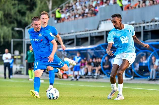 250722 Roberts Savalnieks of FK RFS and Taha Ali of Malmö FF during the UEFA Champions League qualifier football match between FK RFS and Malmö FF on July 22, 2025 in Riga Photo Christian Örnberg BILDBYRAN COP 166 CO0590 fotboll football soccer fotball uefa champions league qualifiers champions league fk rfs malmö ff bbeng  Copyright: CHRISTIANxÖRNBERG BB250722CO048