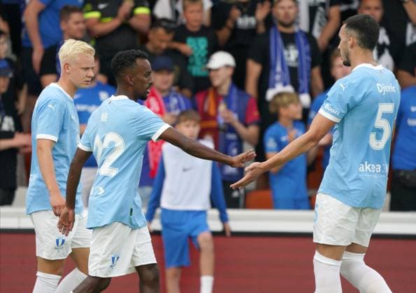 UEFA, UEFA Champions League, Champions League qualifying, soccer, football, RFS, Malmo FF Malmo FF players react during their UEFA Champions League second qualifying round first leg soccer match between Latvia™s RFS and Sweden™s Malmo FF in Riga, Latvia, 22.07.2025. Riga Latvia Copyright: xRomanxKoksarovx RKO08597.JPG