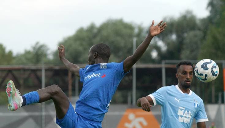 UEFA, UEFA Champions League, Champions League qualifying, soccer, football, RFS, Malmo FF Haruna Rasid Njie, left, and Taha Ali in action during their UEFA Champions League second qualifying round first leg soccer match between Latvia™s RFS and Sweden™s Malmo FF in Riga, Latvia, 22.07.2025. Riga Latvia Copyright: xRomanxKoksarovx RKO08656.JPG