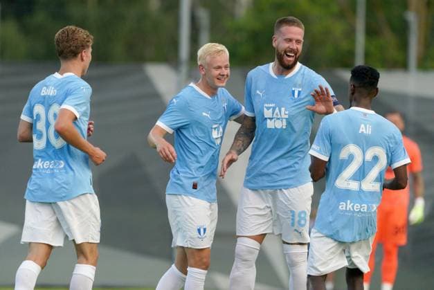 UEFA, UEFA Champions League, Champions League qualifying, soccer, football, RFS, Malmo FF Pontus Jansson centre, Otto Rosengren, left, and Taha Ali and Hugo Bolin, second left, react during UEFA Champions League second qualifying round first leg soccer match between Latvia™s RFS and Sweden™s Malmo FF in Riga, Latvia, 22.07.2025. Riga Latvia Copyright: xRomanxKoksarovx RKO08716.JPG