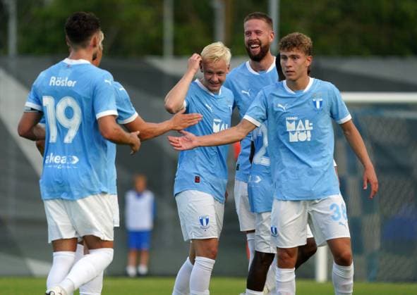 UEFA, UEFA Champions League, Champions League qualifying, soccer, football, RFS, Malmo FF Pontus Jansson centre, Otto Rosengren, left, and Taha Ali and Hugo Bolin, second left, react during UEFA Champions League second qualifying round first leg soccer match between Latvia™s RFS and Sweden™s Malmo FF in Riga, Latvia, 22.07.2025. Riga Latvia Copyright: xRomanxKoksarovx RKO08716.JPG