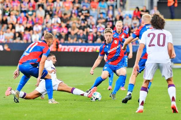 From left Matej Vydra of Pilsen, Alexis Antunes of Servette, Lukas Cerv of Pilsen in action during the European League 2nd qualifying round opening match Viktoria Plzen vs Servette Geneva in Plzen, Czech Republic, July 22, 2025. (CTKxPhoto MiroslavxChaloupka) CTKPhotoP2025072206947  CTKPhotoP2025072206947