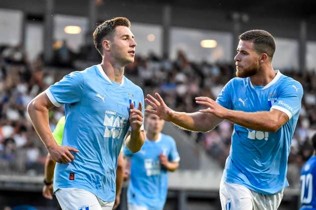 250722 Lasse Berg Johnsen and Gabriel Busanello of Malmö FF celebrate after 1 4 during the UEFA Champions League qualifier football match between FK RFS and Malmö FF on July 22, 2025 in Riga Photo Christian Örnberg BILDBYRAN COP 166 CO0590 fotboll football soccer fotball uefa champions league qualifiers champions league fk rfs malmö ff bbeng jubel  Copyright: CHRISTIANxÖRNBERG BB250722CO061