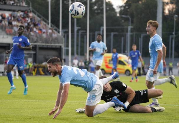 UEFA, UEFA Champions League, Champions League qualifying, soccer, football, RFS, Malmo FF Marko Maric, right, and Busanello in action during their UEFA Champions League second qualifying round first leg soccer match between Latvia™s RFS and Sweden™s Malmo FF in Riga, Latvia, 22.07.2025. Riga Latvia Copyright: xRomanxKoksarovx RKO08983.JPG