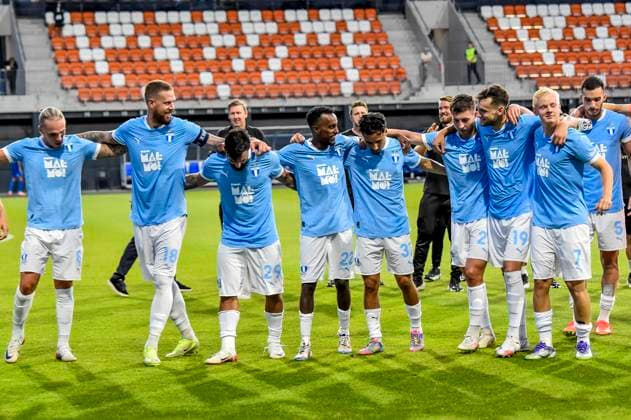 250722 Players of Malmö FF celebrate after the UEFA Champions League qualifier football match between FK RFS and Malmö FF on July 22, 2025 in Riga Photo Christian Örnberg BILDBYRAN COP 166 CO0590 fotboll football soccer fotball uefa champions league qualifiers champions league fk rfs malmö ff bbeng jubel  Copyright: CHRISTIANxÖRNBERG BB250722CO063