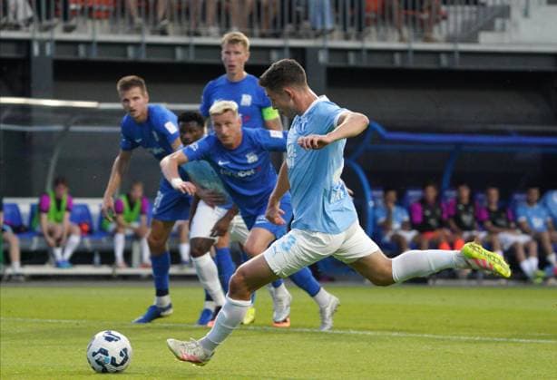 UEFA, UEFA Champions League, Champions League qualifying, soccer, football, RFS, Malmo FF Lasse Berg Johnsen scores penalty shot during UEFA Champions League second qualifying round first leg soccer match between Latvia™s RFS and Sweden™s Malmo FF in Riga, Latvia, 22.07.2025. Riga Latvia Copyright: xRomanxKoksarovx RKO08993.JPG
