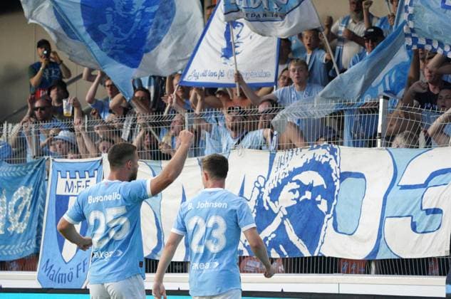 UEFA, UEFA Champions League, Champions League qualifying, soccer, football, RFS, Malmo FF Lasse Berg Johnsen, right, celebrate with Busanello during their UEFA Champions League second qualifying round first leg soccer match between Latvia™s RFS and Sweden™s Malmo FF in Riga, Latvia, 22.07.2025. Riga Latvia Copyright: xRomanxKoksarovx RKO09006.JPG