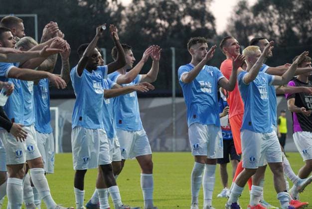 UEFA, UEFA Champions League, Champions League qualifying, soccer, football, RFS, Malmo FF Malmo FF players celebrate after their UEFA Champions League second qualifying round first leg soccer match between Latvia™s RFS and Sweden™s Malmo FF in Riga, Latvia, 22.07.2025. Riga Latvia Copyright: xRomanxKoksarovx RKO09027.JPG