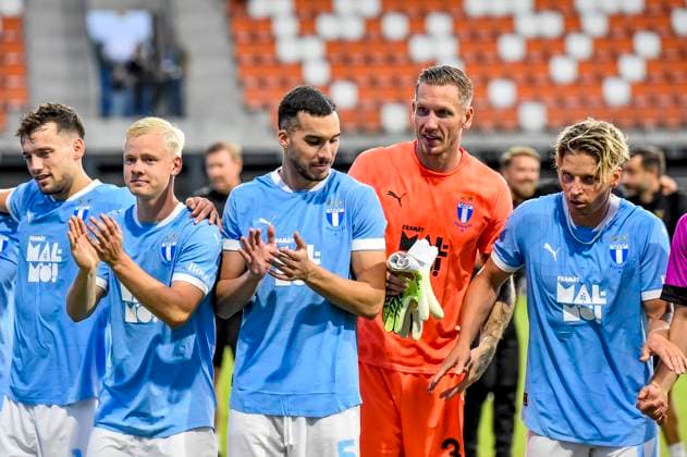 250722 Otto Rosengren, Andrej Djuric, goalkeeper Robin Olsen and Jens Stryger Larsen of Malmö FF celebrate after the UEFA Champions League qualifier football match between FK RFS and Malmö FF on July 22, 2025 in Riga Photo Christian Örnberg BILDBYRAN COP 166 CO0590 fotboll football soccer fotball uefa champions league qualifiers champions league fk rfs malmö ff bbeng jubel  Copyright: CHRISTIANxÖRNBERG BB250722CO065