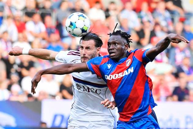 From left Yoan Severin of Servette, Prince Kwabena Adu of Pilsen in action during the European League 2nd qualifying round opening match Viktoria Plzen vs Servette Geneva in Plzen, Czech Republic, July 22, 2025. (CTKxPhoto MiroslavxChaloupka) CTKPhotoP2025072207027  CTKPhotoP2025072207027