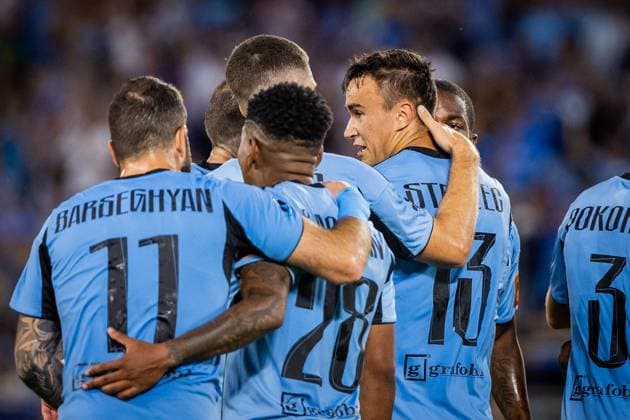 SLOVAN BRATISLAVA - ZRINJSKI MOSTAR David Strelec of Slovan celebrates a goal with his teammates during second qualifying round of UEFA Champions League football match between SK Slovan Bratislava and HSK Zrinjski Mostar. Bratislava, Slovakia, July 22, 2025. Copyright: xx 080A6513