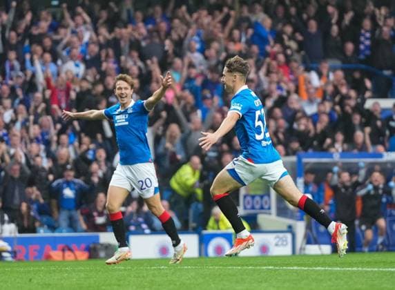 Findlay Curtis of Rangers celebrates with Kieran Dowell of Rangers after scoring to give Rangers a 1-0 lead. Rangers v Panathinaikos, UEFA Champions League, 2nd Qualifying Round, Football, Ibrox Stadium, Glasgow, UK - 22 Jul 2025Glasgow Ibrox Stadium United Kingdom EDITORIAL USE ONLY No use with unauthorised audio, video, data, fixture lists, club league logos or live services. Online in-match use limited to 120 images, no video emulation. No use in betting, games or single club league player publications. Copyright: xStuartxWallace Shutterstockx 15409267ax