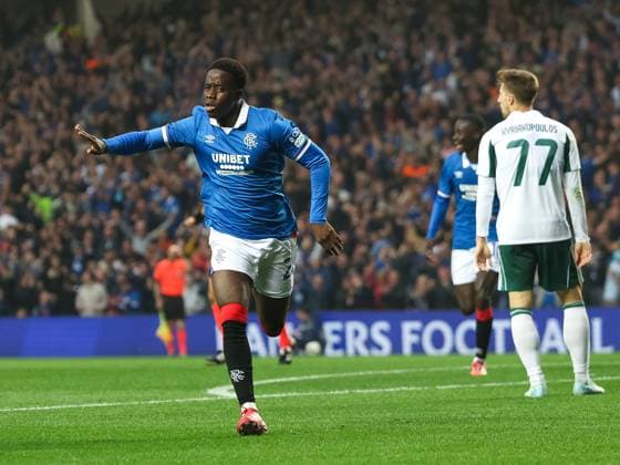 Djeidi Gassama of Rangers celebrates scoring his sides second goal during UEFA Champions League second qualifying round first leg at Ibrox Stadium, Glasgow. Rangers v Panathinaikos, UEFA Champions League, 2nd Qualifying Round, Football, Ibrox Stadium, Glasgow, UK - 22 Jul 2025Glasgow Ibrox Stadium United Kingdom EDITORIAL USE ONLY No use with unauthorised audio, video, data, fixture lists, club league logos or live services. Online in-match use limited to 120 images, no video emulation. No use in betting, games or single club league player publications. Copyright: xRangersxFC Shutterstockx 15409270bc