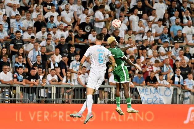 Rijeka, Croatia, July 22th 2025: Stjepan Radeljic of Rijeka (L) in action against Yves Erick Bile of Ludogorets (R) during the UEFA Champions League, Second qualifying round, 1st leg, match between Rijeka (Croatia) and Ludogorets (Bulgaria) at Stadium Rujevica, Rijeka, Croatia. (Igor Kupljenik SPP) Copyright: xIgorxKupljenikx xSPPx SPP_1027382