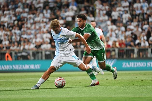 Rijeka, Croatia, 220725. Rujevica Stadium. Football match, 2nd round of UEFA Champions League qualifying, HNK Rijeka - PFC Ludogorets. In the photo: Toni Fruk, Erick Marcus. Photo: Damir Skomrlj CROPIX Copyright: xxDamirxSkomrljx rijeka_ludogorets16-220725