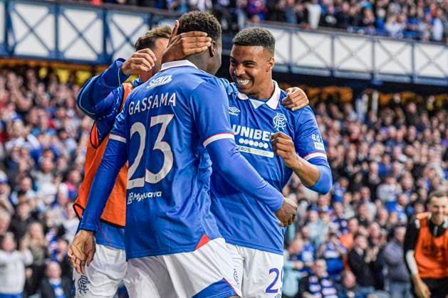 Rangers v Panathinaikos F.C. UEFA Champions League Djeidi Gassama of Rangers scores their sides second goal of the match and celebrates his goal with Nedim Bajrami and Hamza Igamane during the UEFA Champions League Second Qualifying Round First Leg match at Ibrox Stadium, Glasgow UK Newspapers OUT Copyright: xJamiexJohnstonx FIL-21990-0108