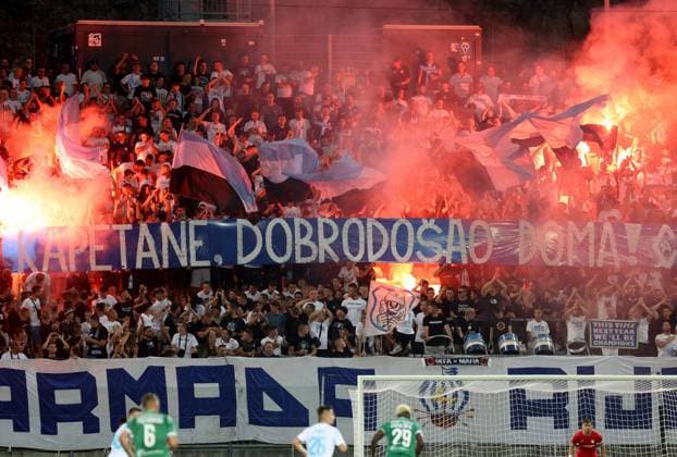 Rijeka v Ludogorets - UEFA Champions League Second Qualifying Round First Leg RIJEKA, CROATIA - JULY 22: Football fans during the UEFA Champions League Second Qualifying Round First Leg match between Rijeka and Ludogorets at Stadion HNK Rijeka on July 22, 2025 in Rijeka, Croatia.  NelxPavletic PIXSELL