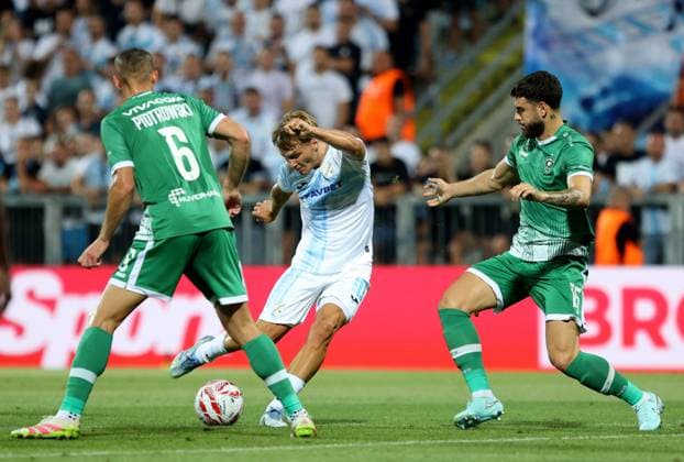 Rijeka v Ludogorets - UEFA Champions League Second Qualifying Round First Leg RIJEKA, CROATIA - JULY 22: Toni Fruk of HNK Rijeka and Edvin Kurtulus of PFC Ludogorets Razgrad during the UEFA Champions League Second Qualifying Round First Leg match between Rijeka and Ludogorets at Stadion HNK Rijeka on July 22, 2025 in Rijeka, Croatia.  NelxPavletic PIXSELL