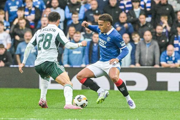 Rangers v Panathinaikos F.C. UEFA Champions League Max Aarons of Rangers and Facundo Pellistri of Panathinaikos F.C. during the UEFA Champions League Second Qualifying Round First Leg match at Ibrox Stadium, Glasgow UK Newspapers OUT Copyright: xJamiexJohnstonx FIL-21990-0136