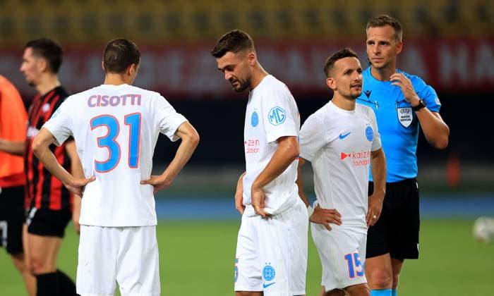22.07.2025 Skopje KF Shkendija Tetovo-FCSB champion s league qualifiers second leg men s football Ovidiu Perianu(2L) Marius Stefanescu(3L) FCSB after lost match :