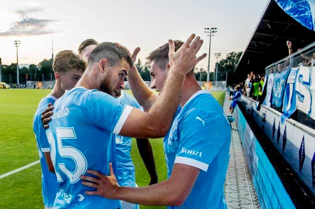 250722 Gabriel Busanello and Lasse Berg Johnsen of Malmö FF celebrates during the UEFA Champions League qualifier football match between FK RFS and Malmö FF on July 22, 2025 in Riga Photo Christian Örnberg BILDBYRAN COP 166 CO0590 fotboll football soccer fotball uefa champions league qualifiers champions league fk rfs malmö ff bbeng jubel  Copyright: CHRISTIANxÖRNBERG BB250722CO117