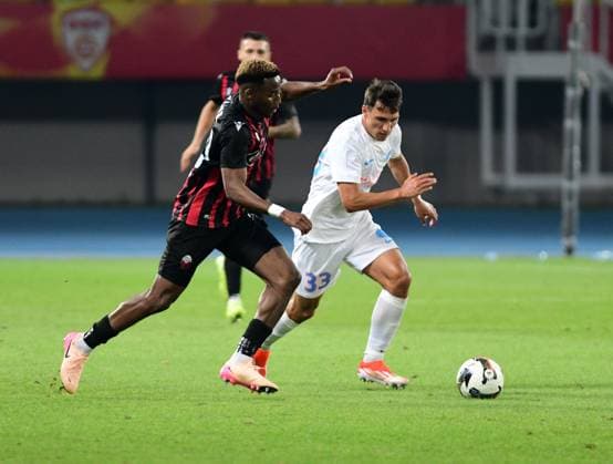 Fabrice Tamba from FC Shkendija and Risto Radunovic from FCSB during UEFA Champions League second qualifying round match between FC Shkendija and FCSB in Skopje, North Macedonia, July 22 2025. IMAGO PETR STOJANOVSKI