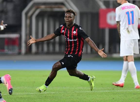 Adamu Alhassan from FC Shkendija celebrates during UEFA Champions League second qualifying round match between FC Shkendija and FCSB in Skopje, North Macedonia, July 22 2025. IMAGO PETR STOJANOVSKI