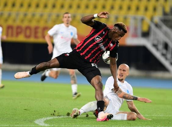 Fabrice Tamba from FC Shkendija and Vlad Chiriches from FCSB during UEFA Champions League second qualifying round match between FC Shkendija and FCSB in Skopje, North Macedonia, July 22 2025. IMAGO PETR STOJANOVSKI