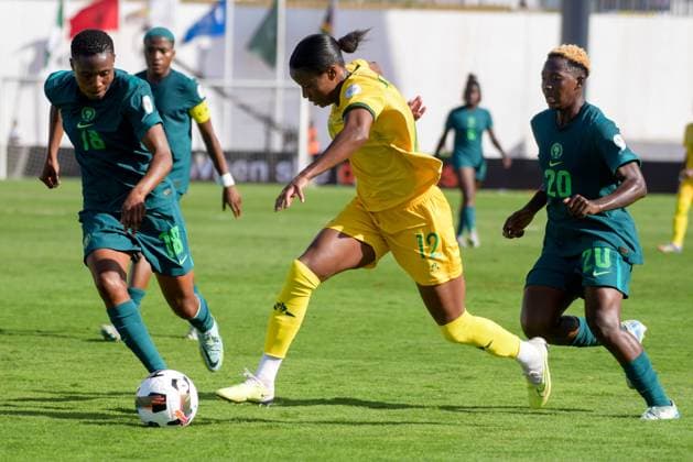 CASABLANCA, MOROCCO - JULY 22: Lonathemba Mhlongo of South Africa and Folashade Ijamilusi, Halimatu Ayinde of Nigeria during the 2025 Women s Africa Cup of Nations (WAFCON) Semi Finals match between Nigeria and South Africa at Stade Larbi Zaouli on July 22, 2025 in Casablanca, Morocco. Photo by Mansa Ayoola Copyright: xx