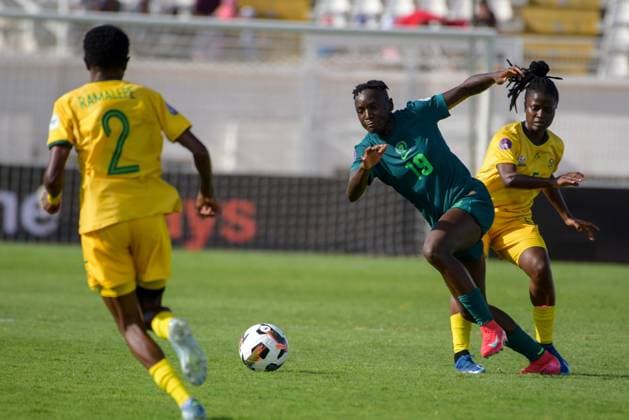 CASABLANCA, MOROCCO - JULY 22: Chinwendu Ihezuo of Nigeria and South Africa defenders during the 2025 Women s Africa Cup of Nations (WAFCON) Semi Finals match between Nigeria and South Africa at Stade Larbi Zaouli on July 22, 2025 in Casablanca, Morocco. Photo by Mansa Ayoola Copyright: xx
