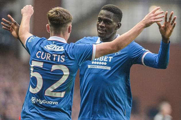 Rangers v Panathinaikos F.C. UEFA Champions League Findlay Curtis and Neraysho Kasanwirjo of Rangers celebrate their sides first goal during the UEFA Champions League Second Qualifying Round First Leg match at Ibrox Stadium, Glasgow UK Newspapers OUT Copyright: xJamiexJohnstonx FIL-21990-0151