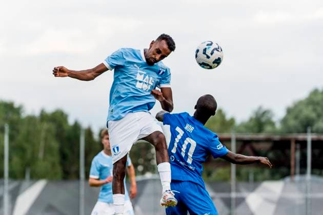 250722 Taha Ali of Malmö FF and Mor Talla of FK RFS during the UEFA Champions League qualifier football match between FK RFS and Malmö FF on July 22, 2025 in Riga Photo Christian Örnberg BILDBYRAN COP 166 CO0590 fotboll football soccer fotball uefa champions league qualifiers champions league fk rfs malmö ff bbeng  Copyright: CHRISTIANxÖRNBERG BB250722CO126
