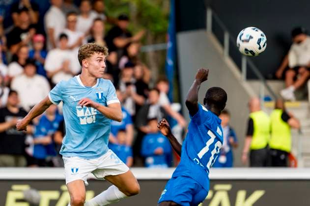 250722 Hugo Bolin of Malmö FF and Mor Talla of FK RFS during the UEFA Champions League qualifier football match between FK RFS and Malmö FF on July 22, 2025 in Riga Photo Christian Örnberg BILDBYRAN COP 166 CO0590 fotboll football soccer fotball uefa champions league qualifiers champions league fk rfs malmö ff bbeng  Copyright: CHRISTIANxÖRNBERG BB250722CO132