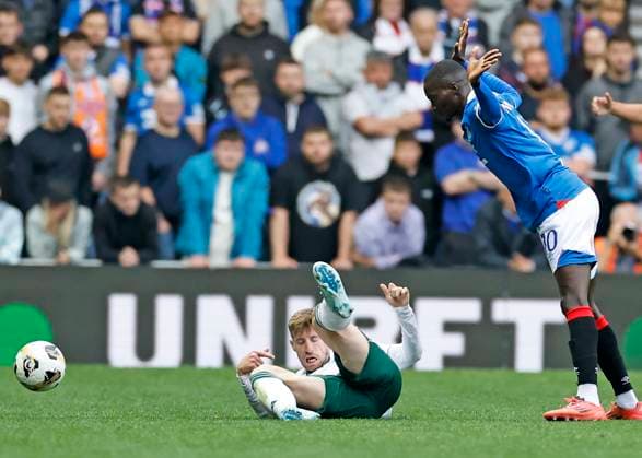 Rangers v Panathinaikos F.C. UEFA Champions League Giorgos Kiriakopoulos of Panathinaikos F.C. (left) shields the ball from Mohamed Diomande of Rangers during the UEFA Champions League Second Qualifying Round First Leg match at Ibrox Stadium, Glasgow UK Newspapers OUT Copyright: xFredxPalmerx FIL-21991-0119