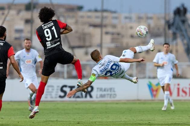 Vitaliy Buyalskyi (right), captain of Dynamo Kyiv is in action during the UEFA Champions League Second qualifying round, 1st leg soccer match between Hamrun Spartans FC and FC Dynamo Kyiv at the Tony Bezzina Stadium, in Paola, Malta, on 22 July 2025. UEFA Champions League - Hamrun Spartans FC v FC Dynamo Kyev