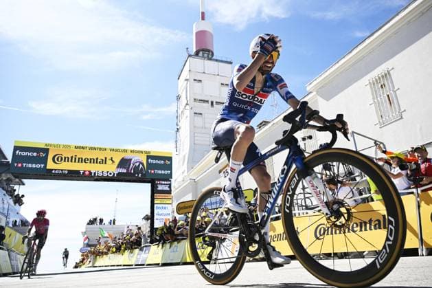 French Valentin Paret-Peintre of Soudal Quick-Step celebrates after winning stage 16 of the 2025 Tour de France cycling race, from Montpellier to Mont Ventoux (172 km), on Tuesday 22 July 2025 in France. The 112th edition of the Tour de France starts on Saturday 5 July in Lille, France, and will finish in Paris, France on the 27th of July. JASPERxJACOBS  x129791062x